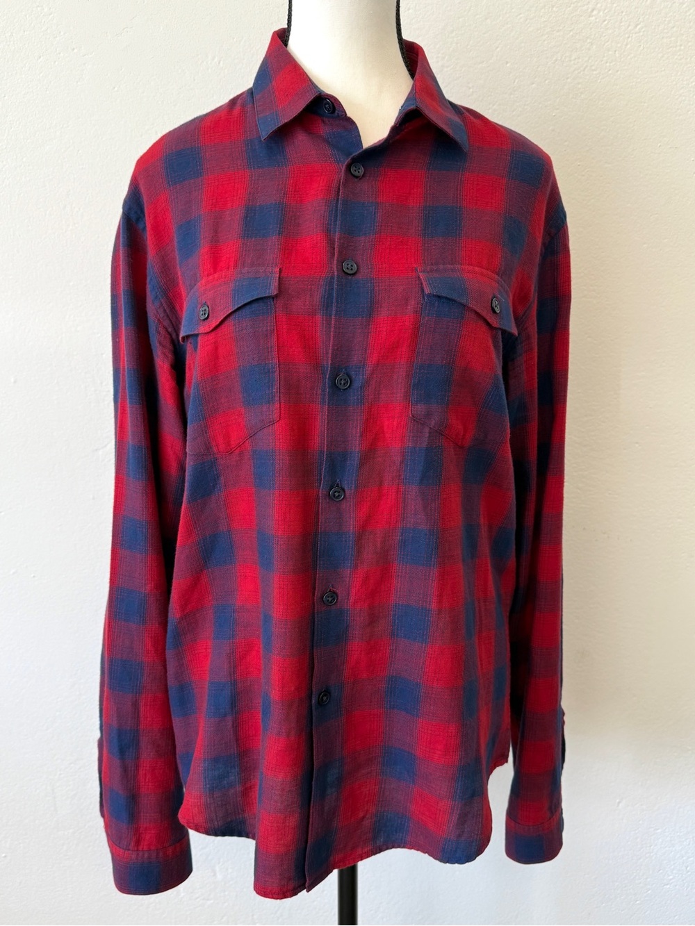 Sandro Paris Size Medium Red Blue Plaid Flannel Long Sleeve Shirt